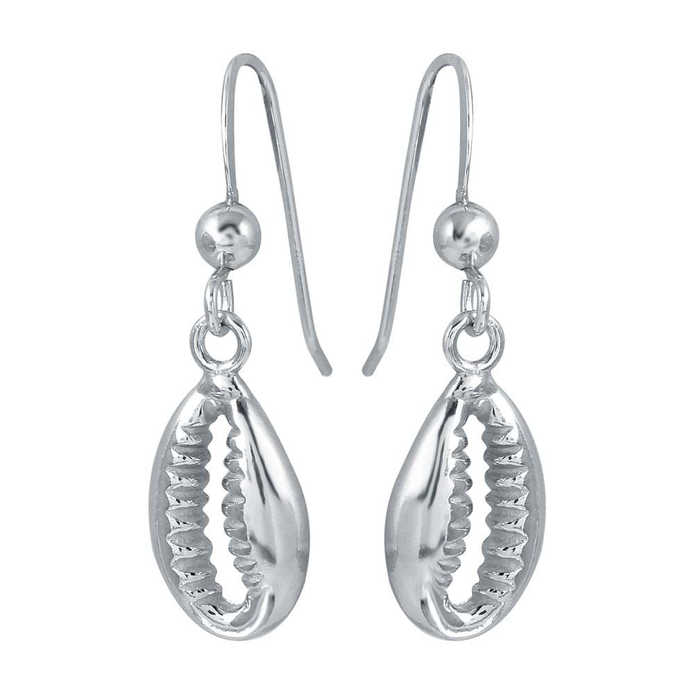 Sterling Silver Rhodium Plated Dangling Cowrie Shell Earrings