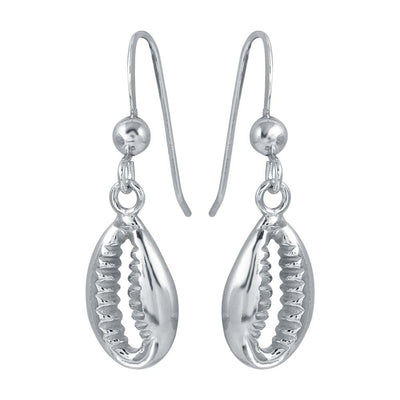 Sterling Silver Rhodium Plated Dangling Cowrie Shell Earrings
