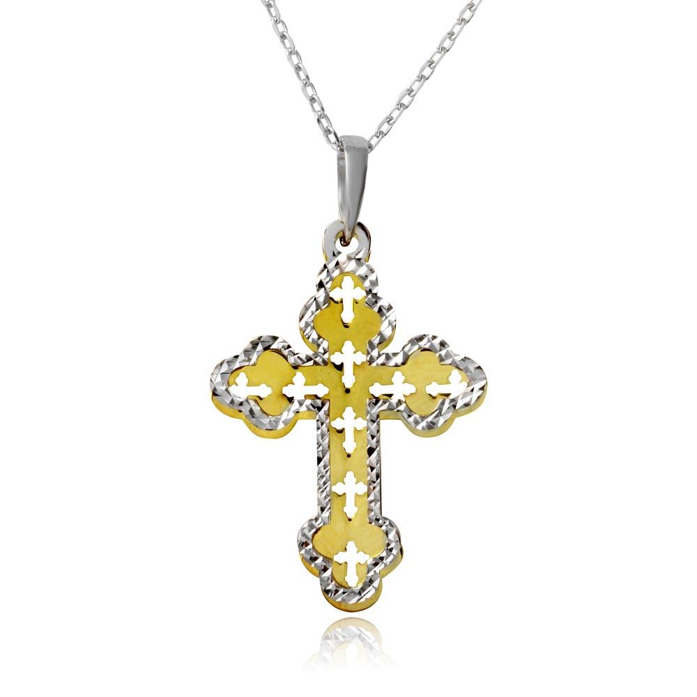 Sterling Silver Gold and Rhodium Plated Double Cross Necklace
