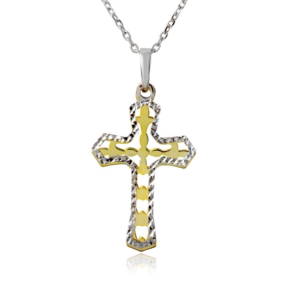 Sterling Silver Gold and Rhodium Plated Double Cross Necklace