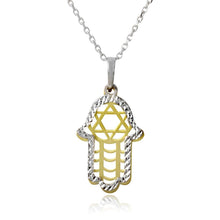 Load image into Gallery viewer, Sterling Silver Gold and Rhodium Plated Hamsa with Star of David Symbol Necklace