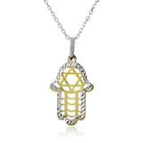 Sterling Silver Gold and Rhodium Plated Hamsa with Star of David Symbol Necklace