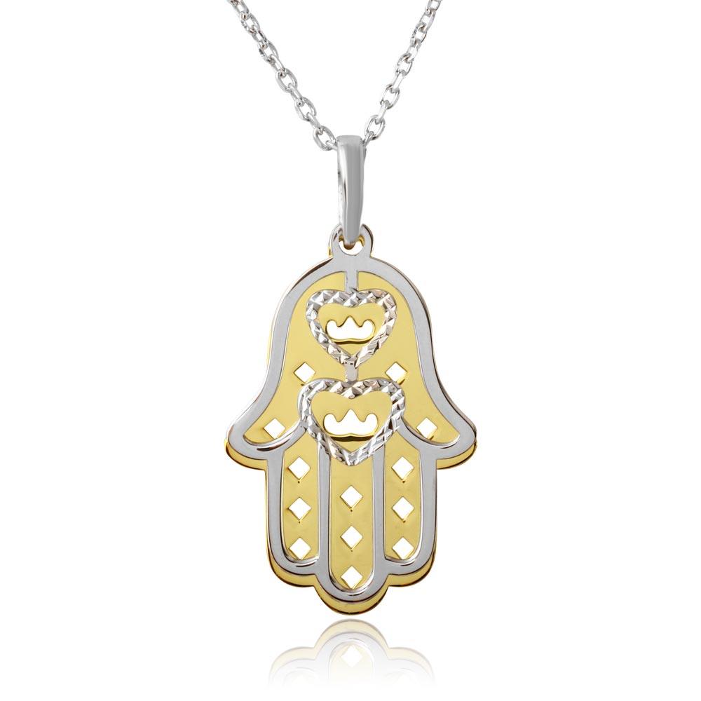 Sterling Silver Gold and Rhodium Plated Hamsa with Open Hearts Necklace