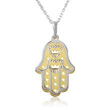 Load image into Gallery viewer, Sterling Silver Gold and Rhodium Plated Hamsa with Open Hearts Necklace