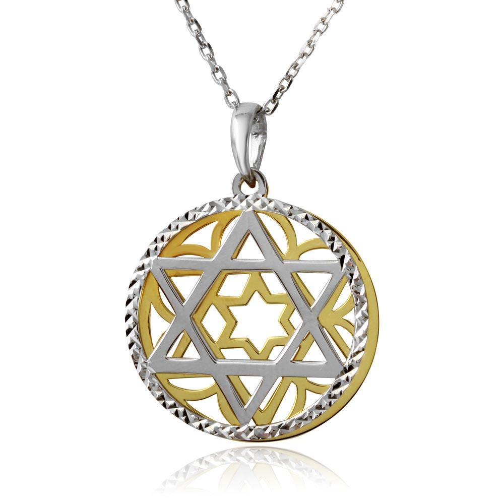 Sterling Silver Gold and Rhodium Plated Star of David Medallion Necklace