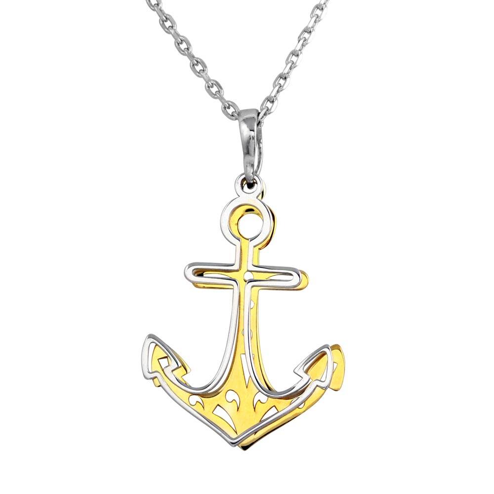 Sterling Silver 2 Toned Rhodium and Gold Plated Double Anchor Necklace