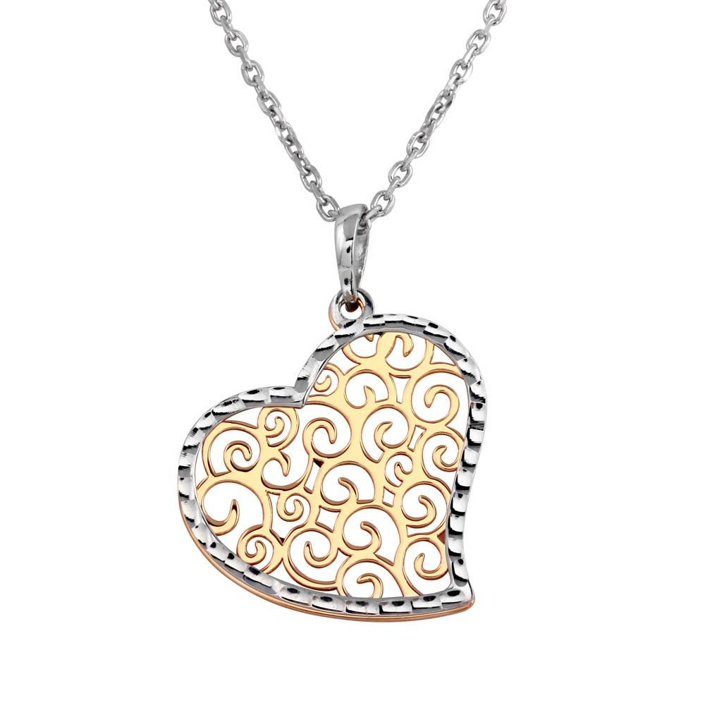 Sterling Silver 2 Tone Rhodium and Rose Gold Plated Heart Necklace