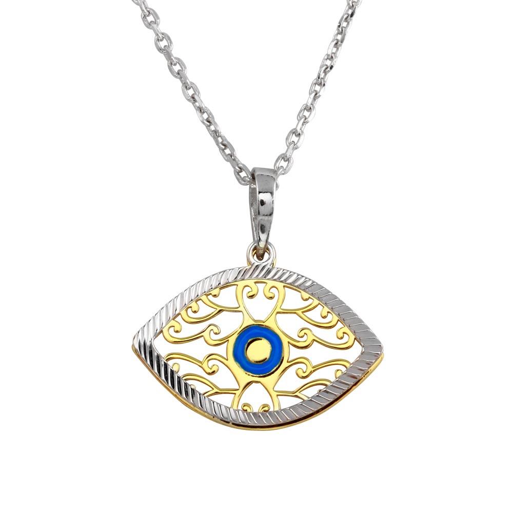 Sterling Silver 2 Toned Blue Enamel Center Double Eye Necklace