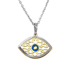 Sterling Silver 2 Toned Blue Enamel Center Double Eye Necklace