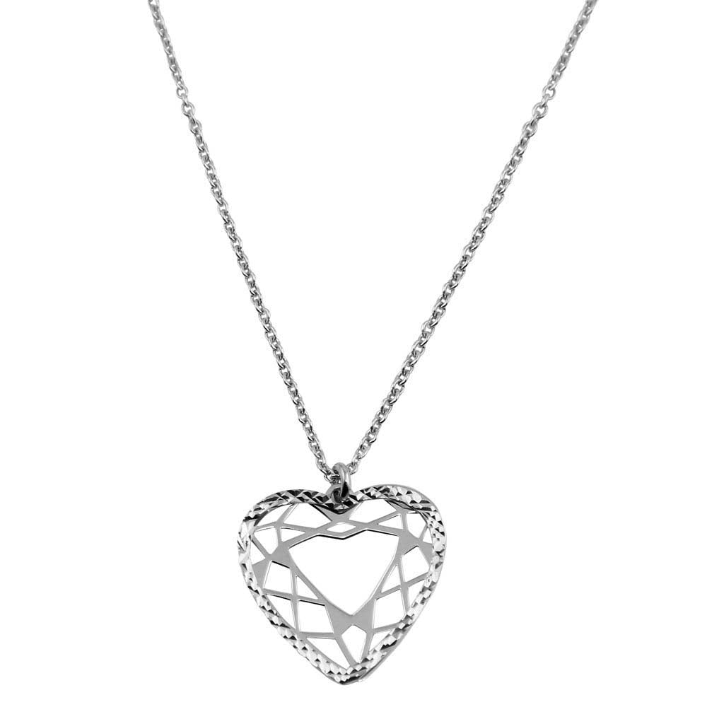 Sterling Silver Rhodium Plated Double Flat Open Heart Pendant Necklace
