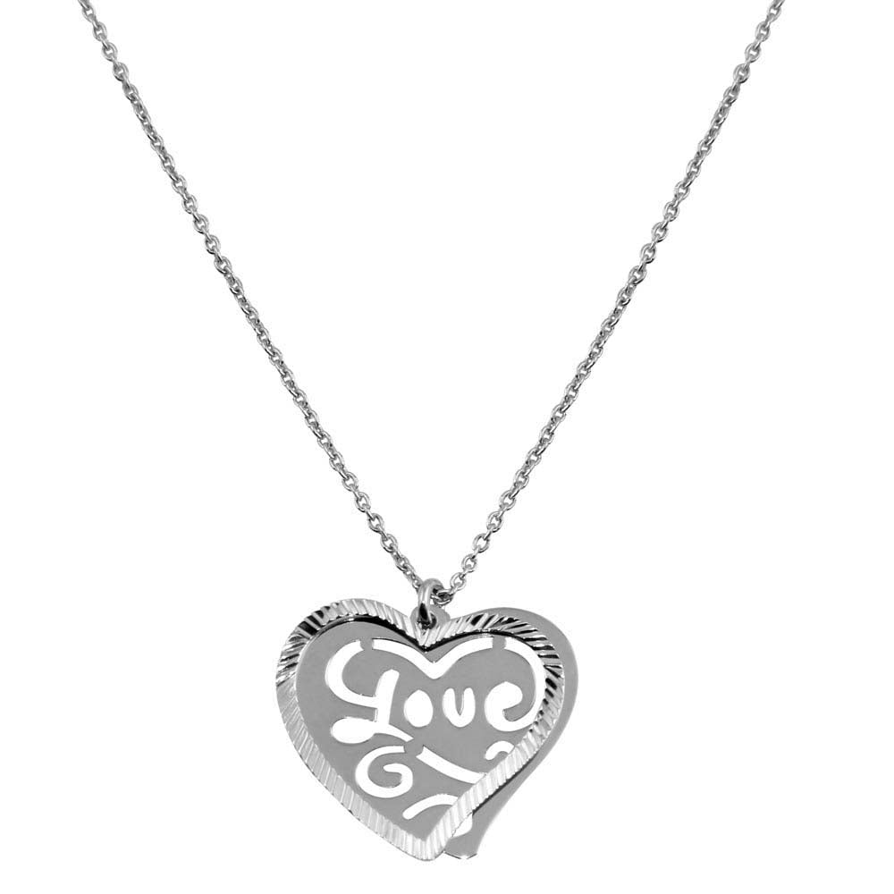 Sterling Silver Rhodium Plated Double Flat Heart Pendant with "Love" Design Necklace