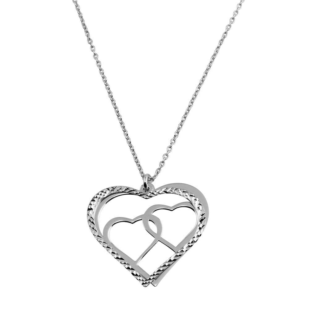 Sterling Silver Rhodium Plated Double Flat Heart Pendant With Two Hearts Design Necklace