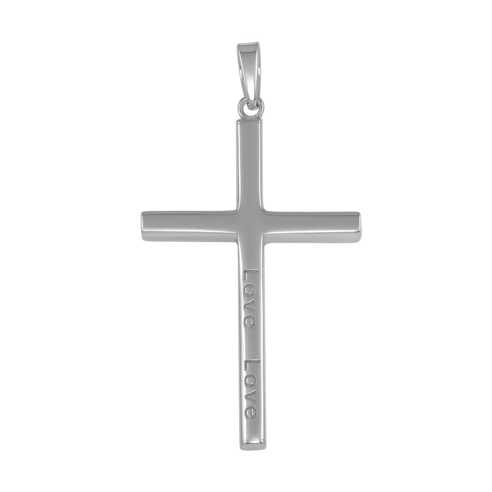 Sterling Silver Rhodium Plated Engraved Love Cross Pendant