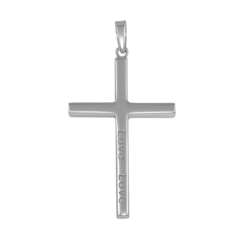 Sterling Silver Rhodium Plated Engraved Love Cross Pendant