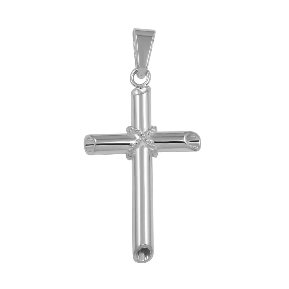 Sterling Silver Rhodium Plated Small Rope Hollow Cross Pendant