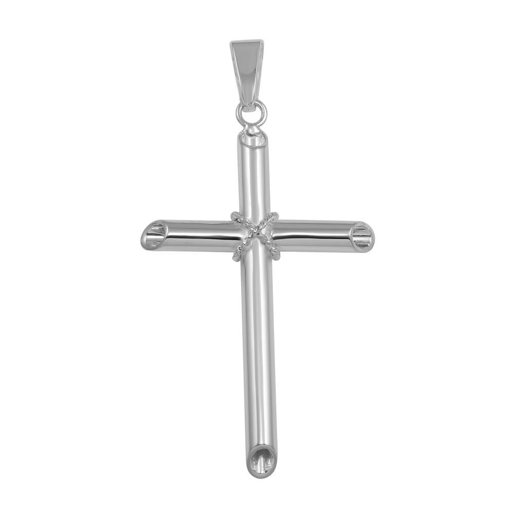 Sterling Silver Rhodium Plated Large Rope Hollow Cross Pendant