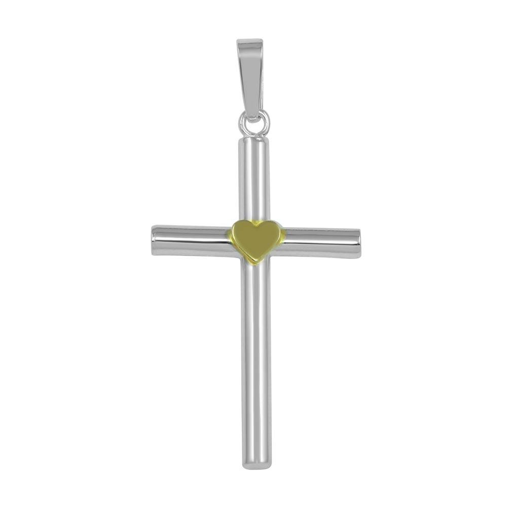 Sterling Silver Rhodium Plated Small Cross Pendant with Gold Heart Pendant