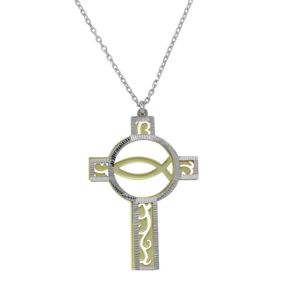 Sterling Silver Two Tone Hold and Rhodium Plated Cross PendantNecklace