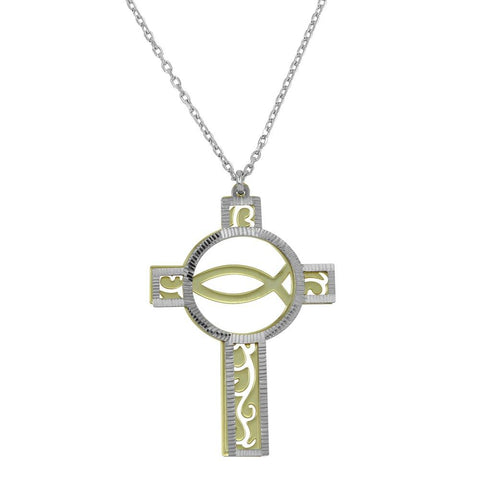 Sterling Silver Two Tone Hold and Rhodium Plated Cross Pendant���������Necklace