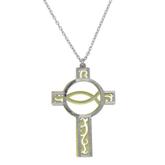 Sterling Silver Two Tone Hold and Rhodium Plated Cross PendantNecklace