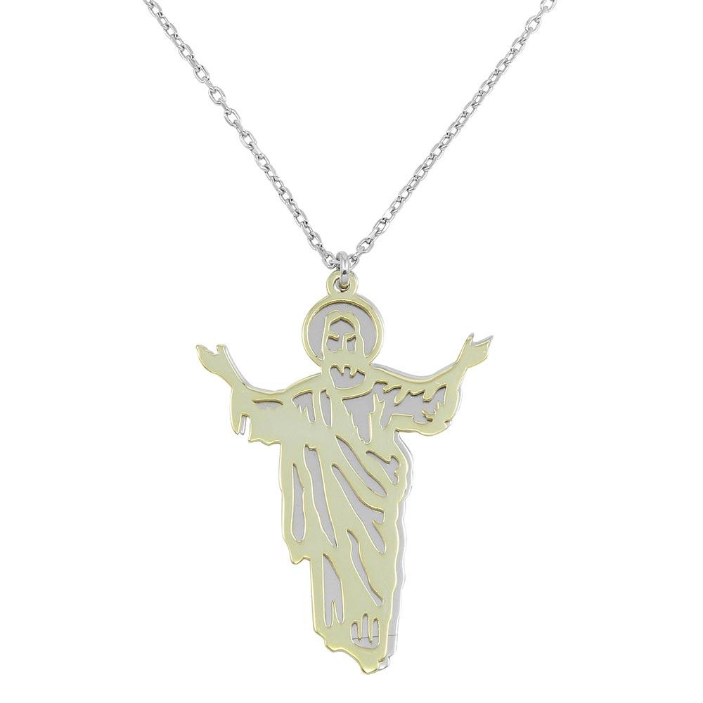 Sterling Silver Two Tone Gold and Rhodium Plated Jesus Pendant Necklace