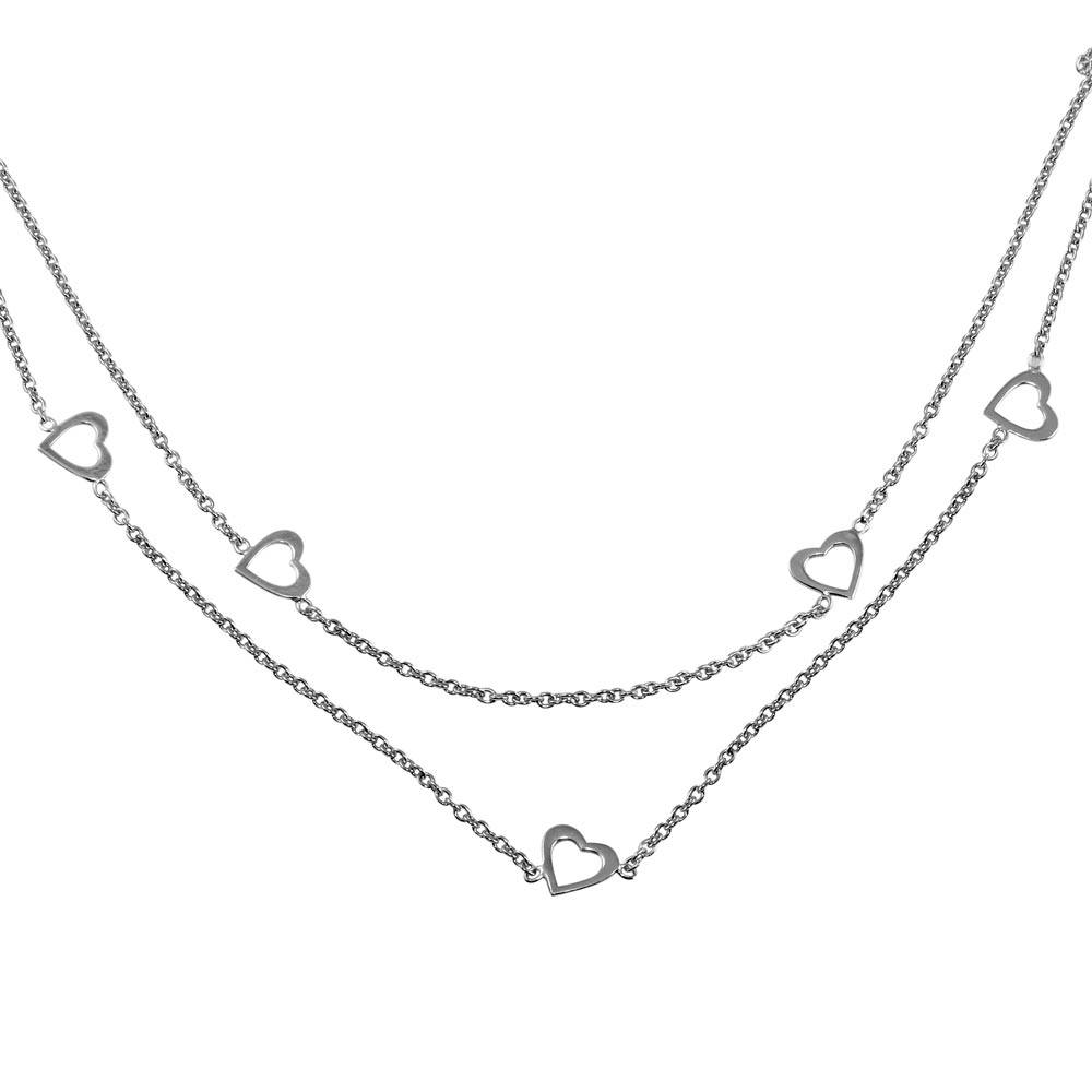 Sterling Silver Rhodium Plated Double Chain Hearts Necklace