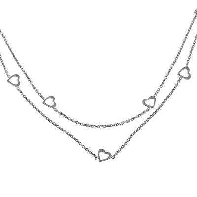 Sterling Silver Rhodium Plated Double Chain Hearts Necklace