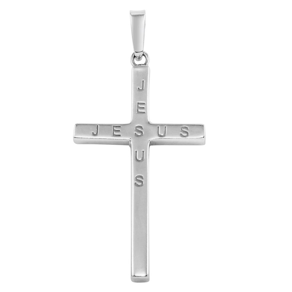 Sterling Silver Rhodium Plated Jesus Engraved Cross Pendant