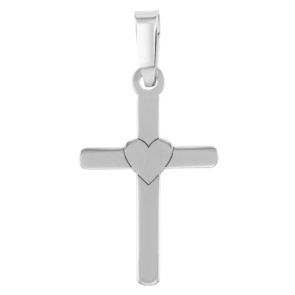 Sterling Silver Rhodium Plated Cross and Heart Pendant