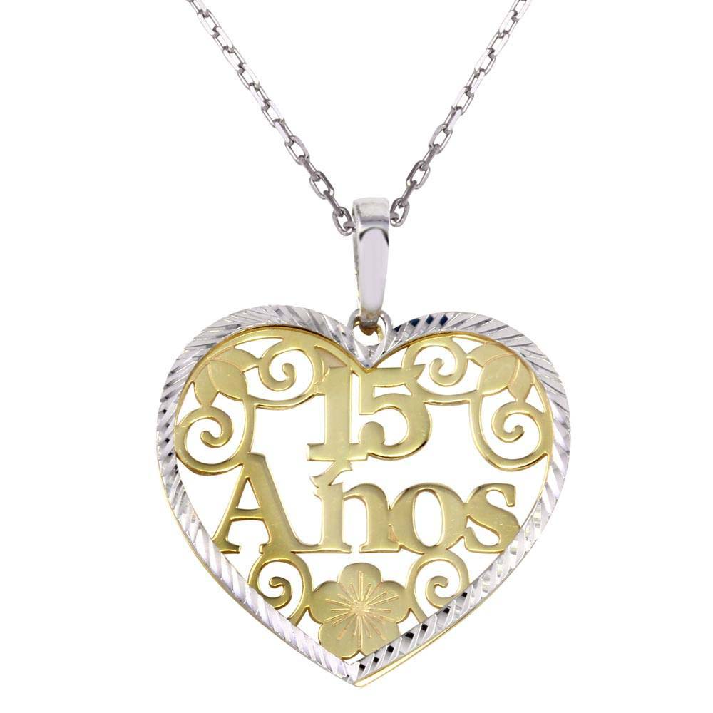 Sterling Silver Two Toned 15 Anos Heart Pendant Necklace