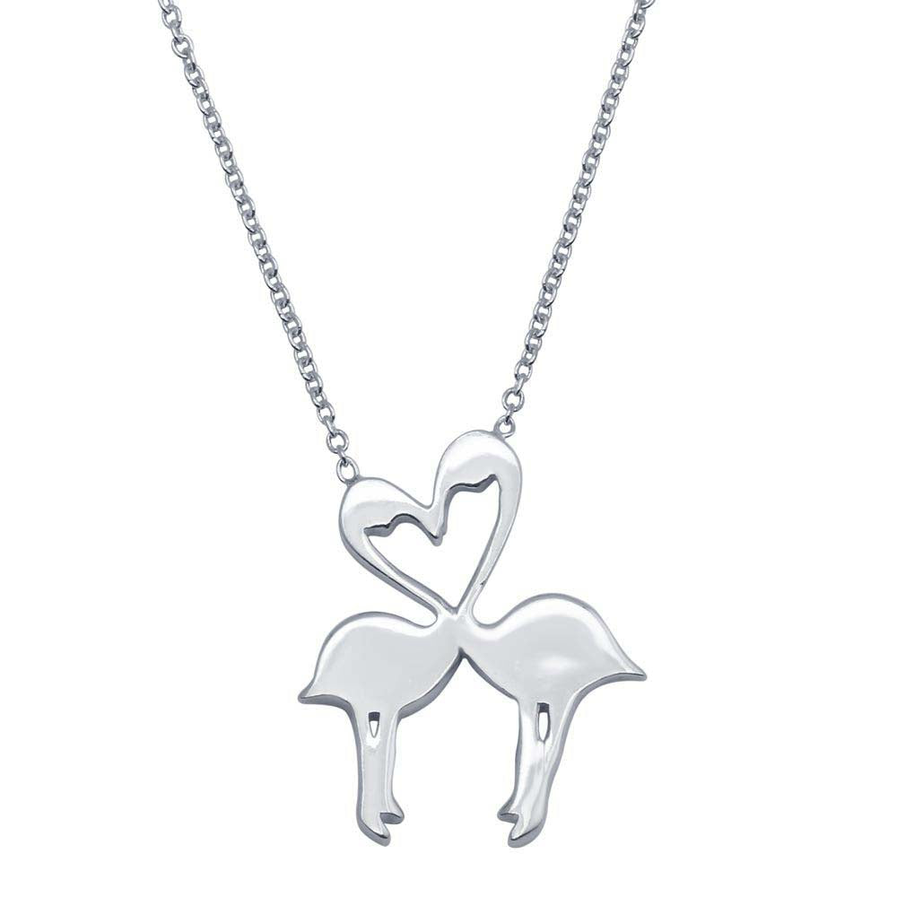 Sterling Silver Rhodium Plated Flat Flamingo Pendant Necklace