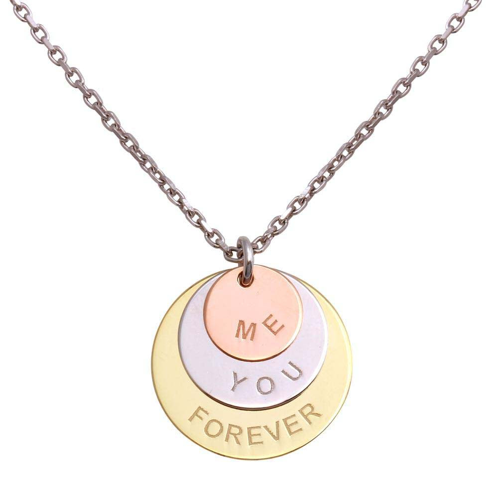 Sterling Silver Rhodium Plated Engraved "Me You Forever" Disc Pendant Necklace