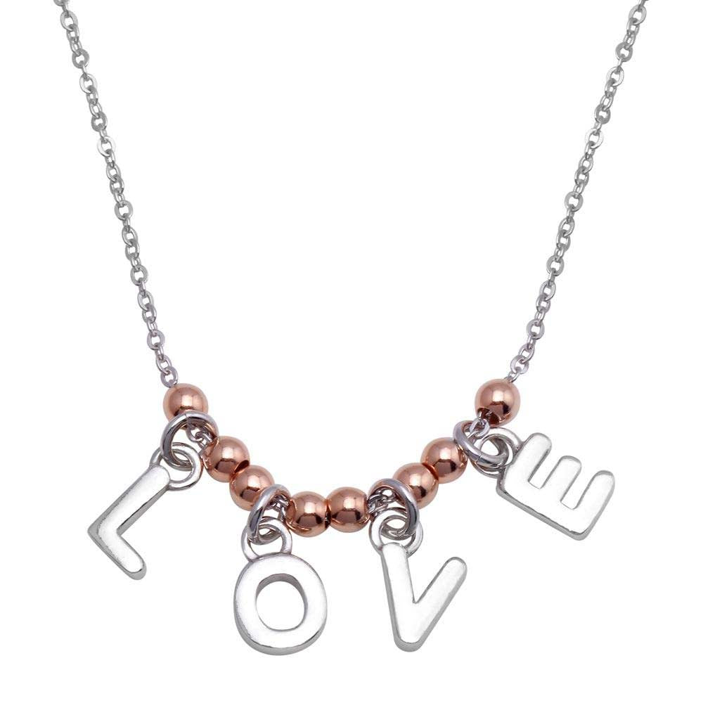 Sterling Silver Rhodium And Rose Gold Plated "Love" Necklace