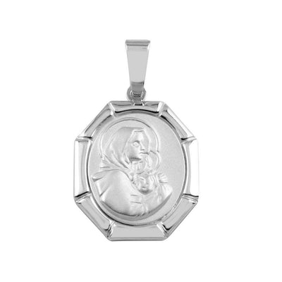 Sterling Silver Oval Mary and Baby Jesus Medallion Pendant, 19.4mm x 26.6mm