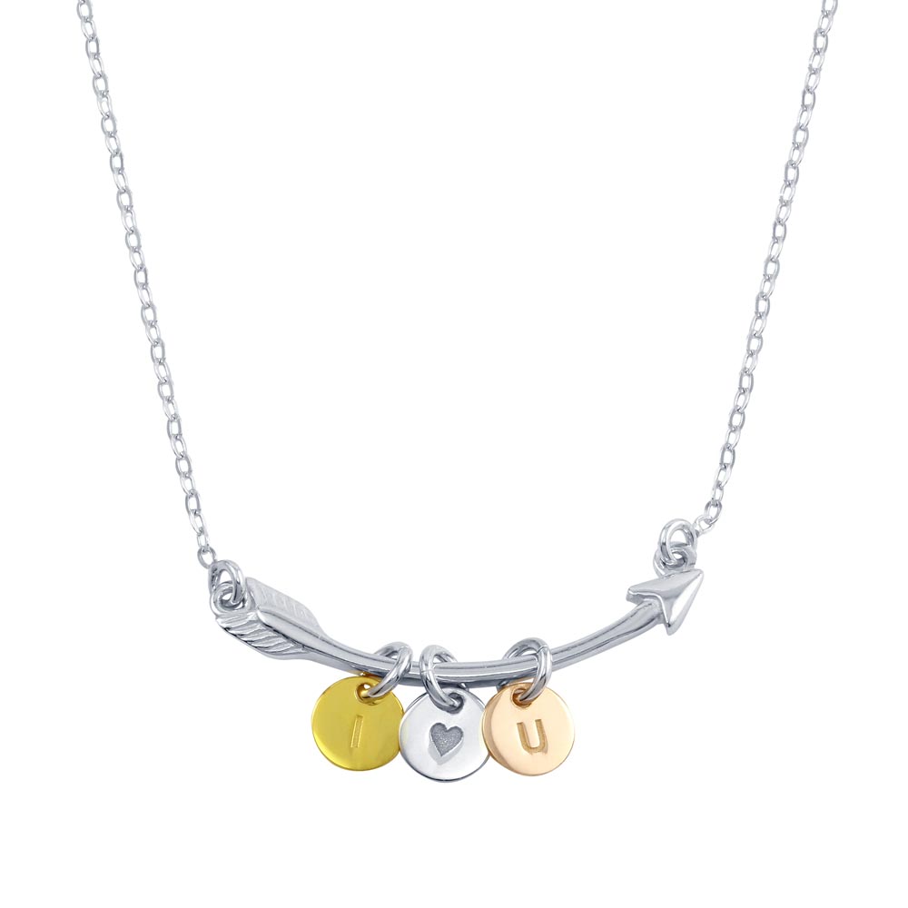 Sterling Silver Tri-Color Plated I Love YOU Disc on Arrow Necklace