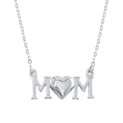 Sterling Silver Rhodium Plated CZ MOM Necklace