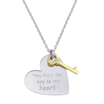 Sterling Silver Rhodium Plated Heart with Gold Key Necklace