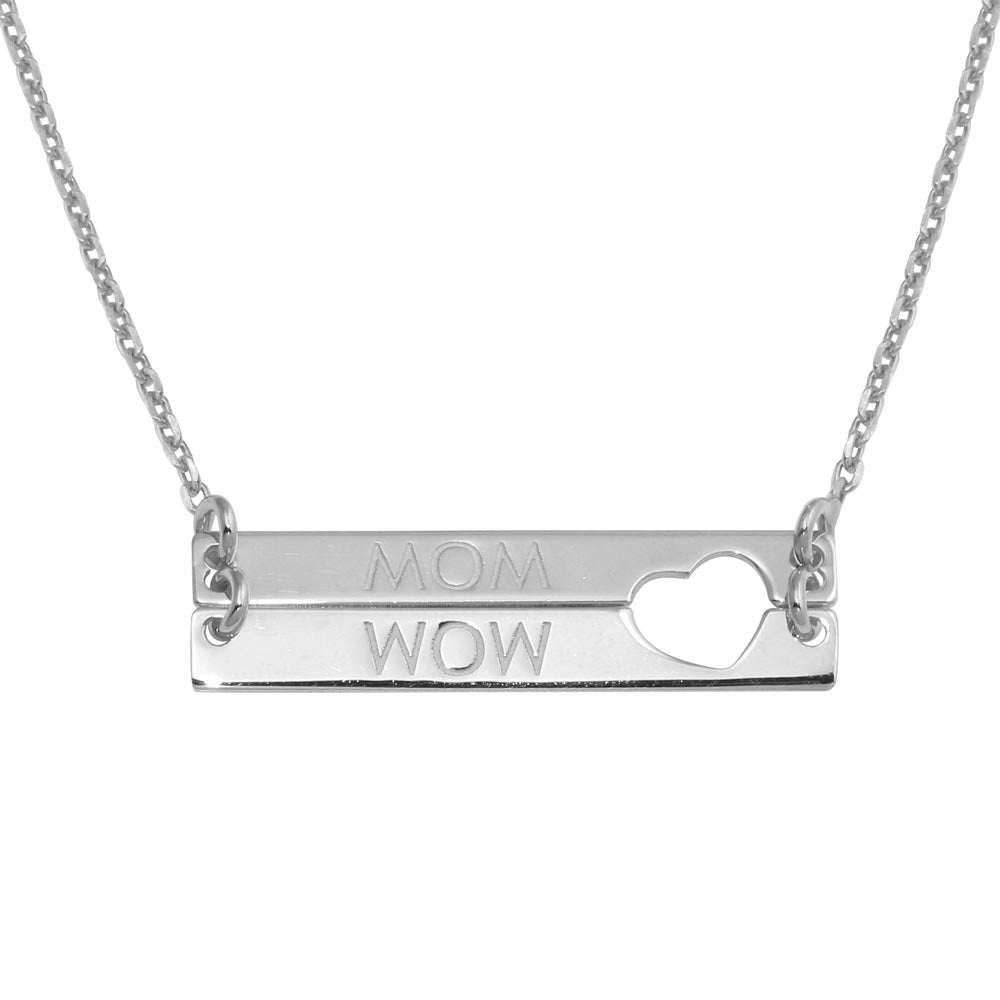 Sterling Silver Rhodium Plated Bar Open Heart MOM Necklace