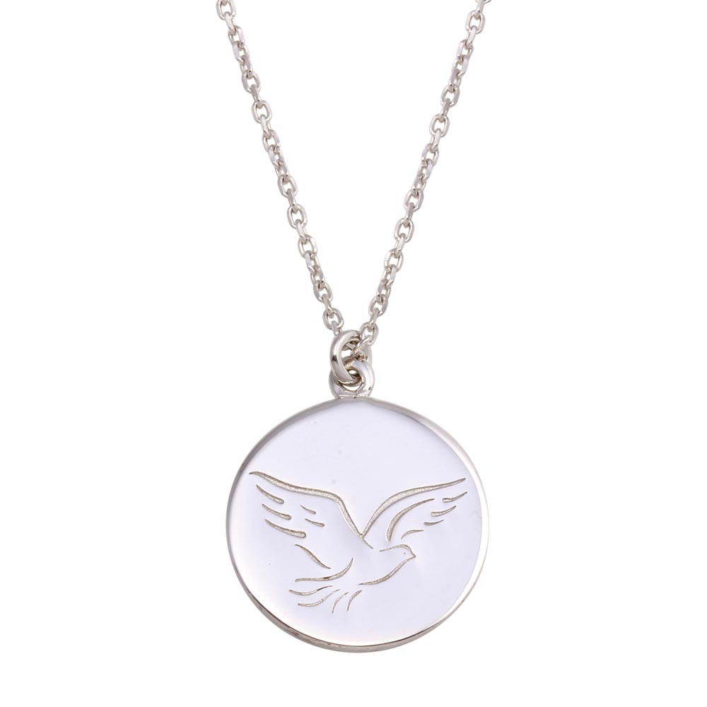 Sterling Silver Rhodium Disc With Dove Words Necklace