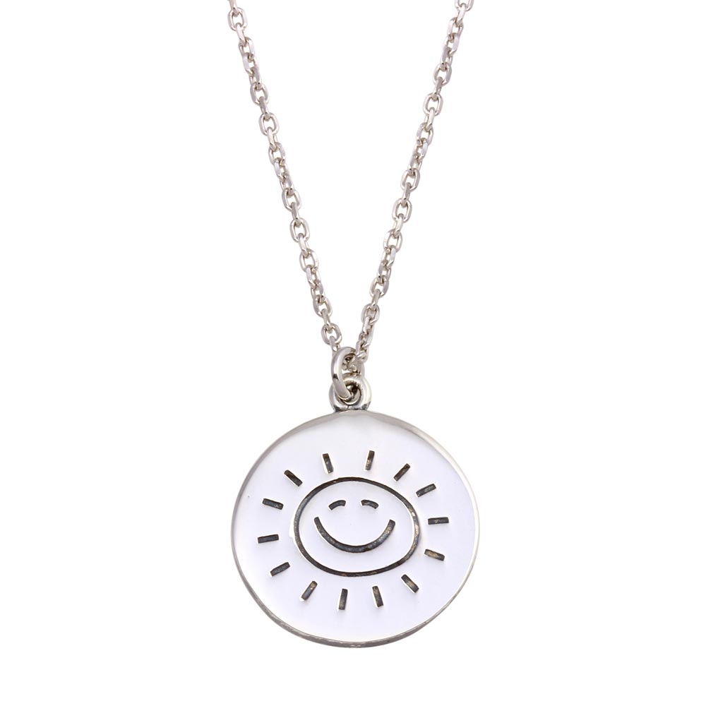 Sterling Silver Rhodium Disc Sun Word Necklace