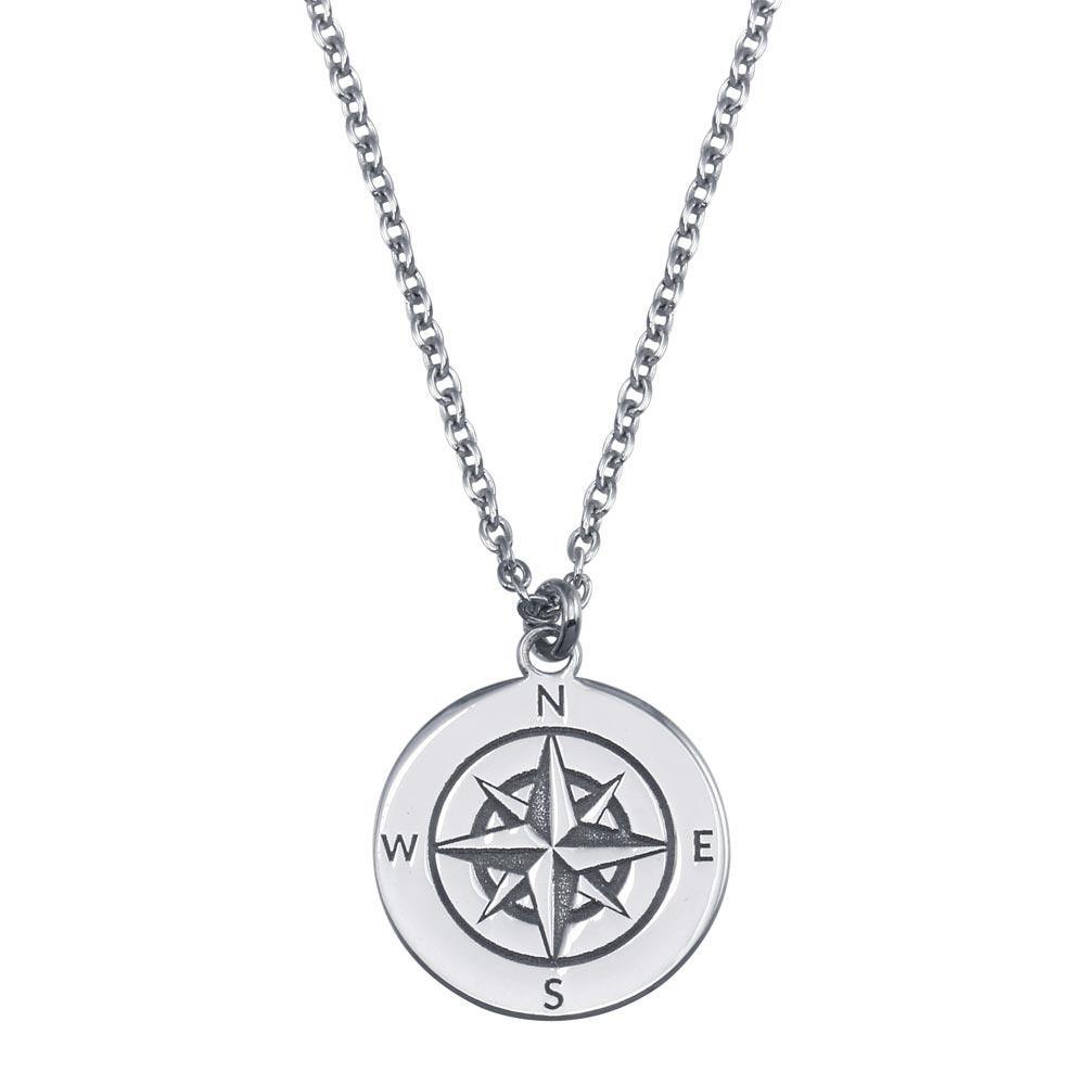 Sterling Silver Rhodium Plated Compass Engraved Disc Pendant Necklace - silverdepot