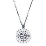 Sterling Silver Rhodium Plated Compass Engraved Disc Pendant Necklace