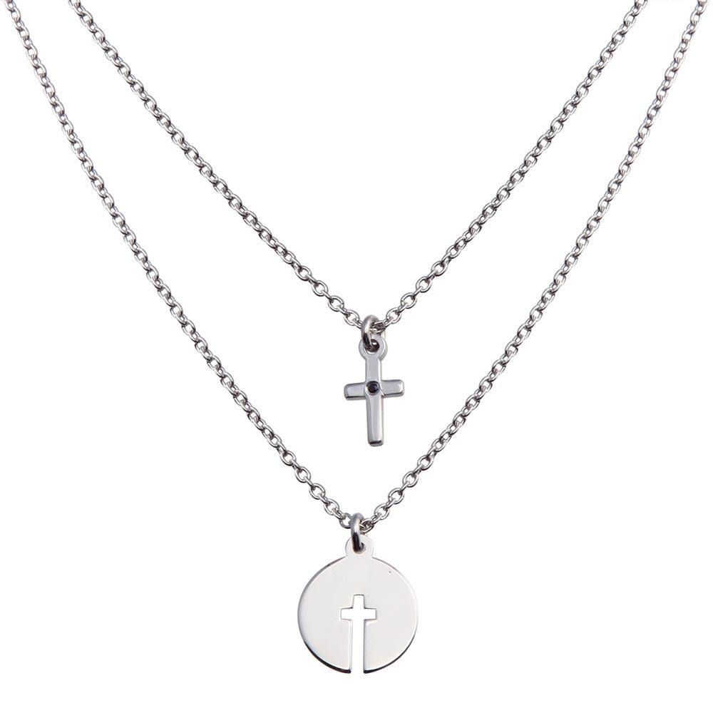 Sterling Silver Rhodium Plated Multi Chain Cross and Cross Cutout Pendant Necklace