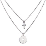 Sterling Silver Rhodium Plated Multi Chain Cross and Cross Cutout Pendant Necklace