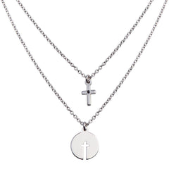 Sterling Silver Rhodium Plated Multi Chain Cross and Cross Cutout Pendant Necklace