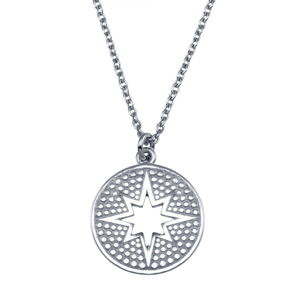 Sterling Silver Rhodium Plated Star Cutout Disc Pendant Necklace - silverdepot