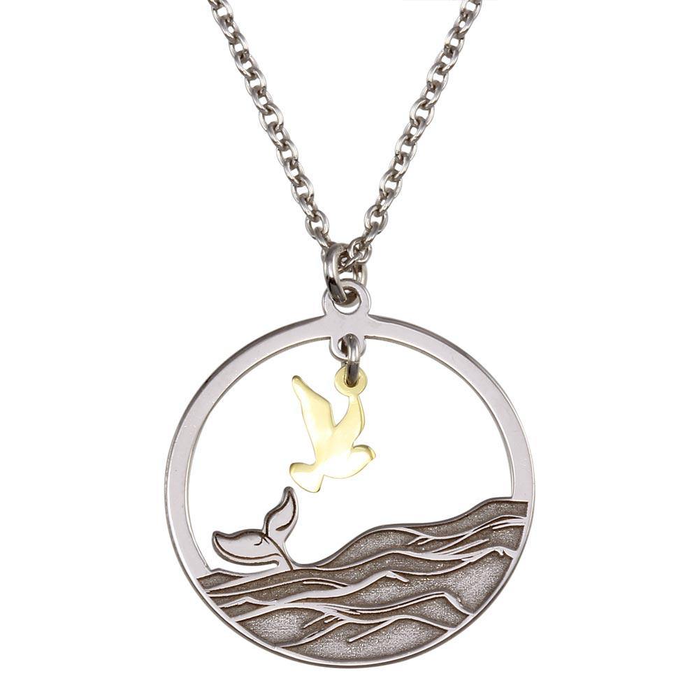 Sterling Silver Two Toned Whale Tail and Bird Pendant Necklace