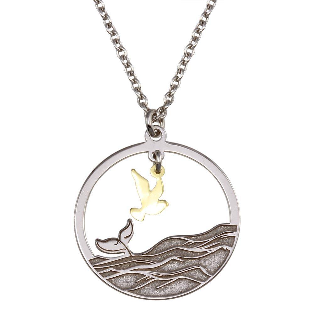 Sterling Silver Two Toned Whale Tail and Bird Pendant Necklace - silverdepot