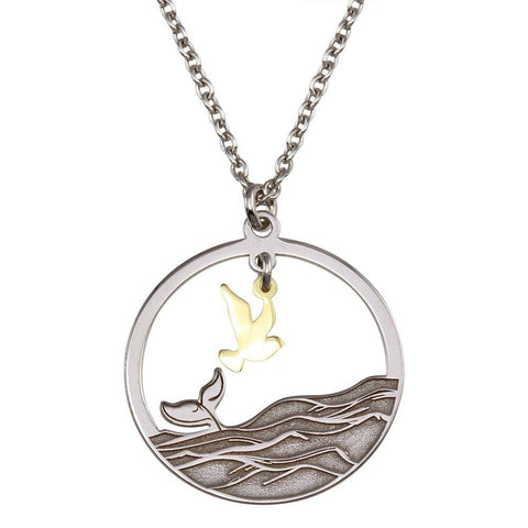 Sterling Silver Two Toned Whale Tail and Bird Pendant Necklace
