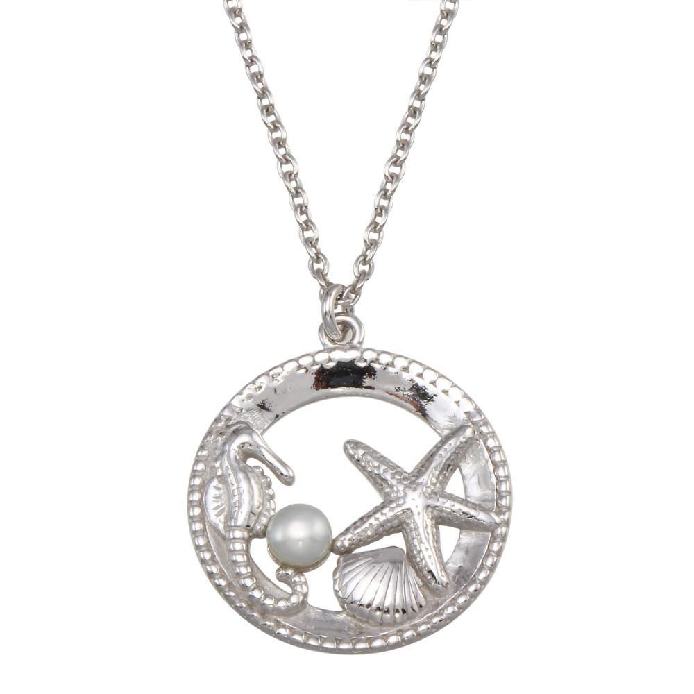 Sterling Silver Rhodium Plated Seahorse, Starfish, Clam, and Pearl Pendant Necklace - silverdepot